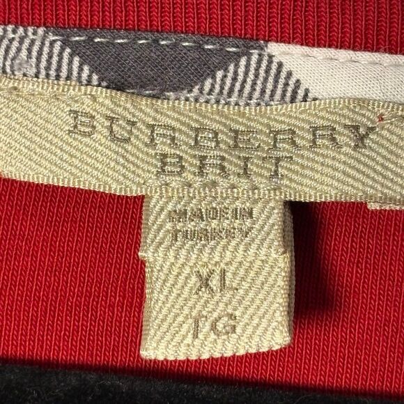 Burberry Brit y2K Preppy Red 3/4 Sleeve Tee Nova Check Cuff 100% Cotton sz XL - Picture 9 of 10
